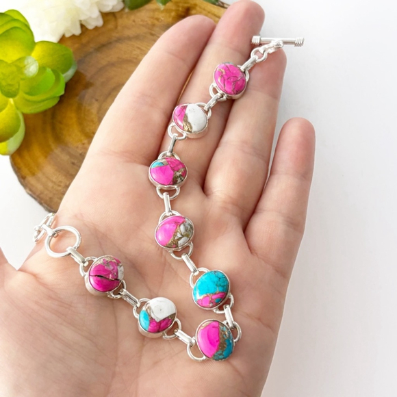 Genuine Cotton Candy Dahlia Turquoise Gemstone Bracelet Pink Blue Oval New 925 - Picture 2 of 6
